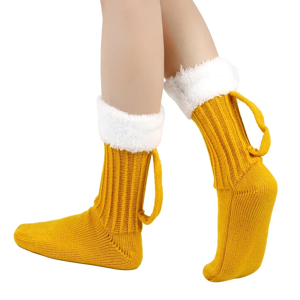 3D Beer Mug Knitted Socks Men\'s Padded Warm Mid-Calf Socks Women Winter Soft Funny Sleep Floor Socks Christmas Gift