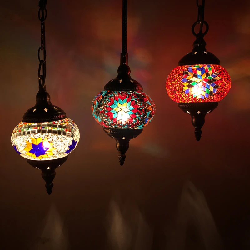 DIY Turkish Mosaic Pendant Lights Vintage Mediterranean Handcrafted Led Stained Glass Hanging Lamps for Bedroom Home Art Decor