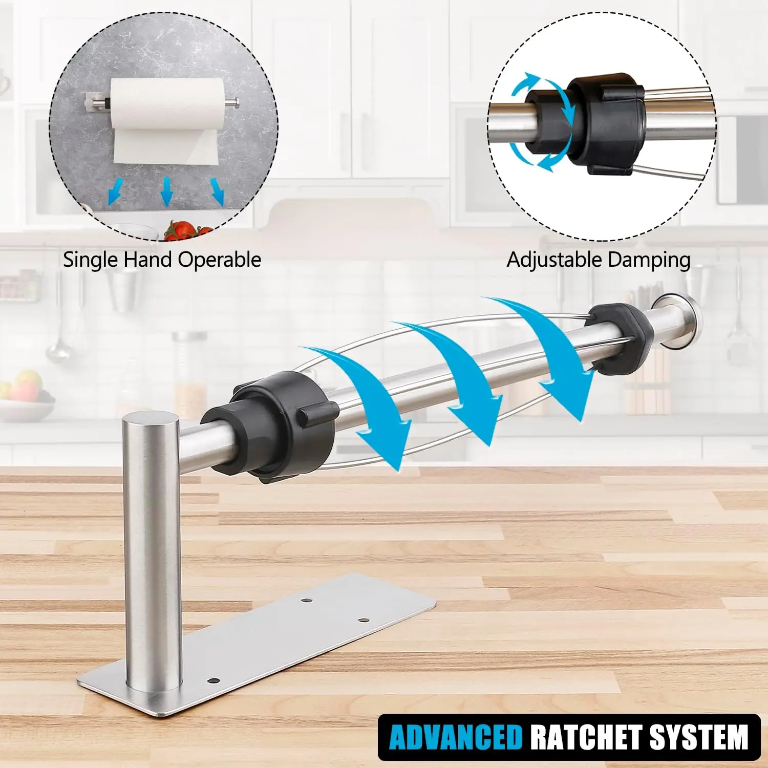 Single Hand Operable Paper Towel Roll Holder with Damping Effect, Stainless Steel Paper Towel Holder for Kitchen Bathroom RV