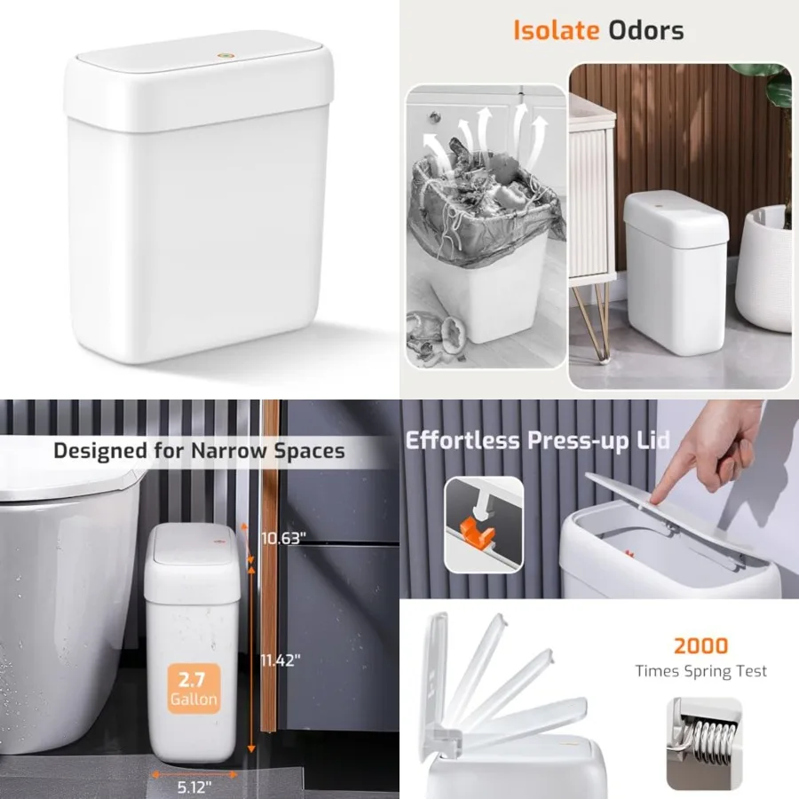 

Small Bathroom Trash Can with Lid, s/ 10 L Slim Plastic Garbage Bin with Pop-Up Lid, Mini Waste Basket Can Dog Proof for Kitche