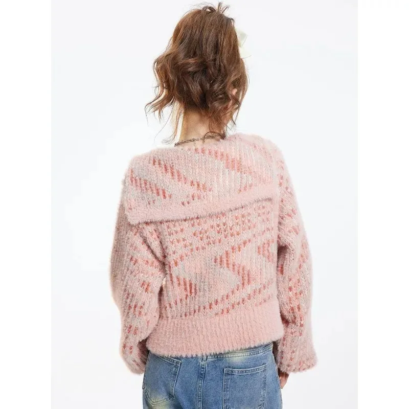 Female Autumn and Winter 2024 New Lazy Wind Loose Knit Cardigan Fashion Fashion Brand Sense of Design Navy Collar Sweater Jacket