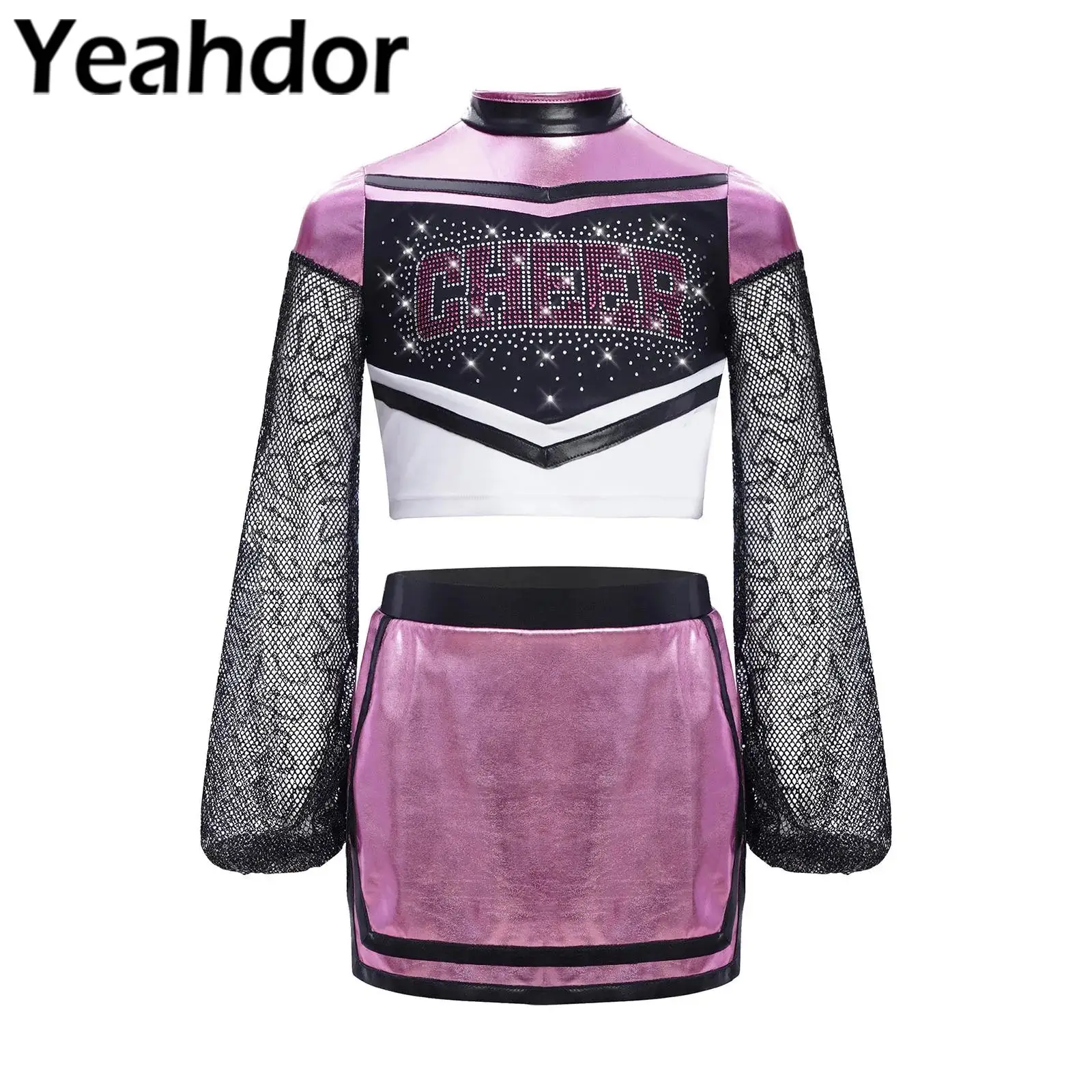 

Детская танцевальная форма черлидинга для девочек, костюм лидера поддержки, наряд с длинными рукавами, укороченный топ с блестящими стразами и буквами и юбкой