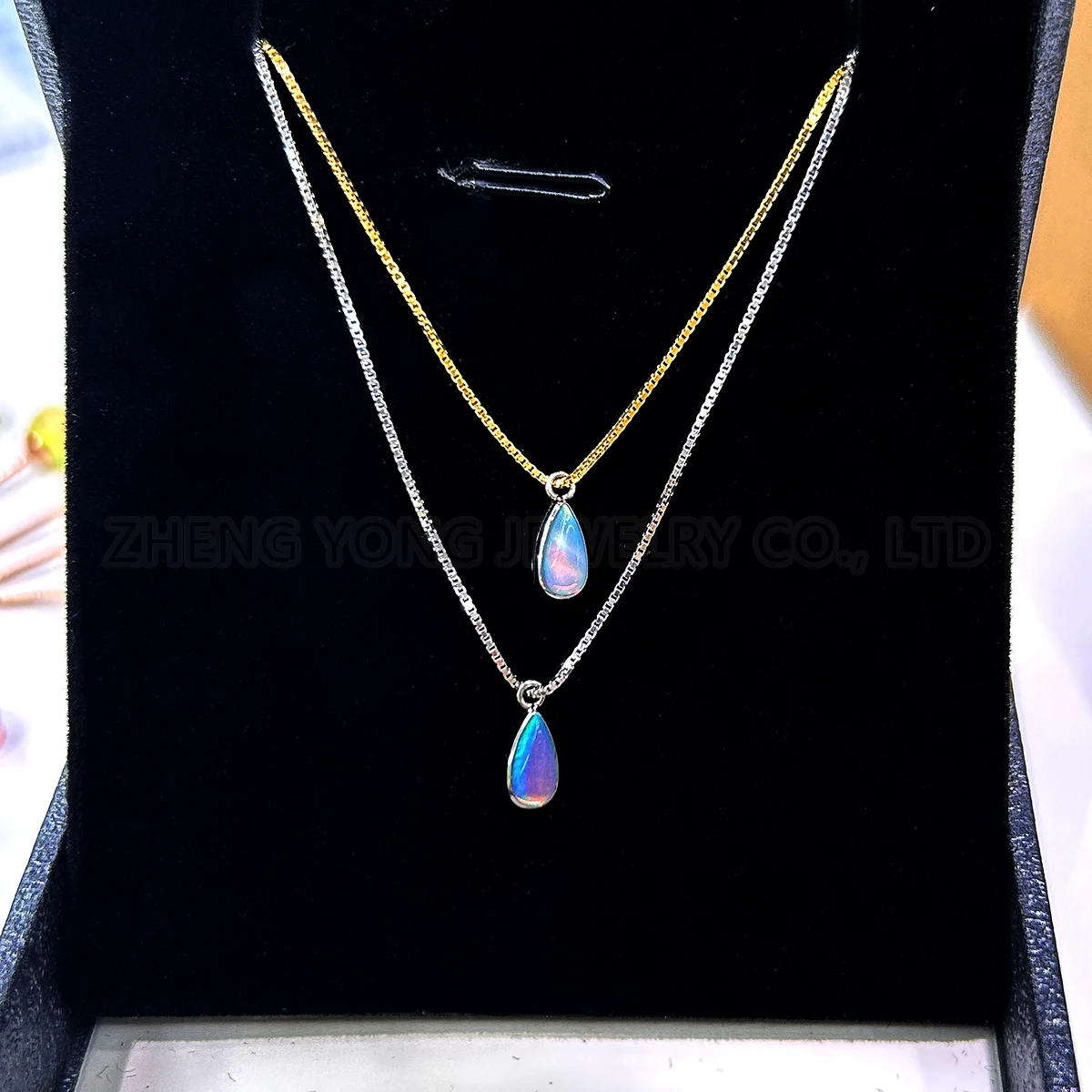 

Transparent Baby Blue Teardrop Pendant Necklace for Women Sterling Silver Box Chain Nebula Opal Jewelry