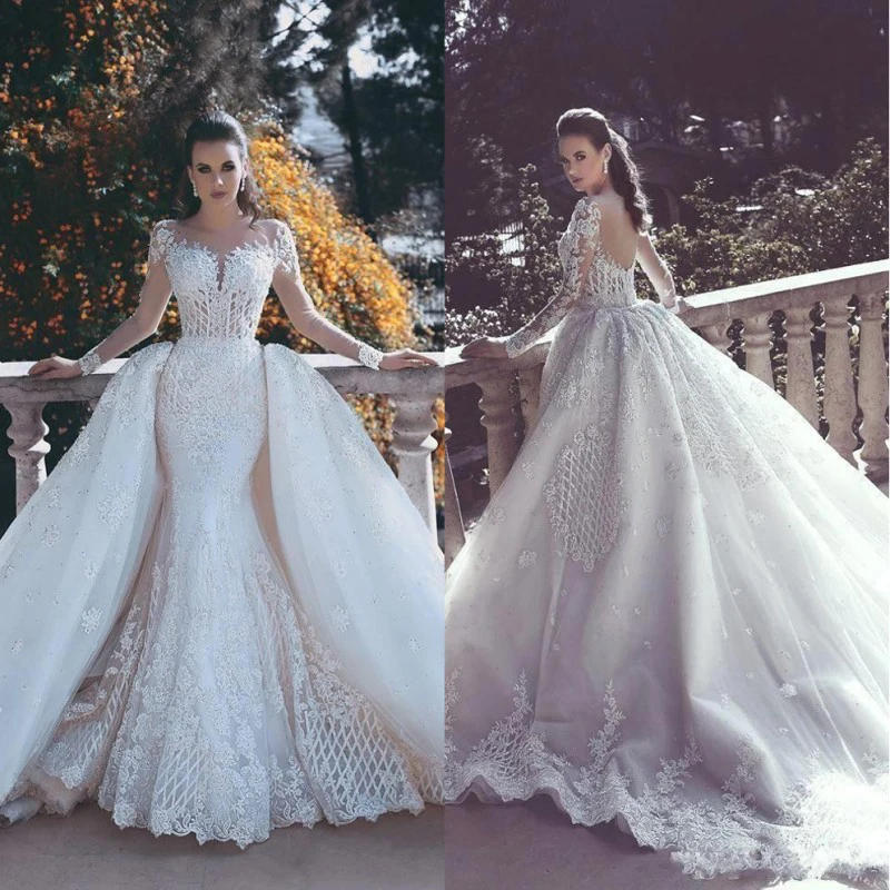 

NEW Vintage Illusion Sleeveless Detachable Skirt Long Mermaid Wedding Custom Made Bridal Gown Dresses