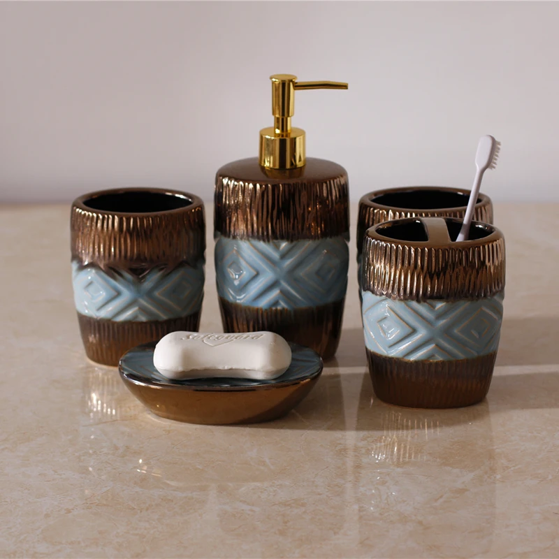 

Simple Bathroom Decorative Accessories Ceramic Toothpaste Dispenser Toothbrush Holder Bathroom Cup Lotion Bottle 5 Piece Set