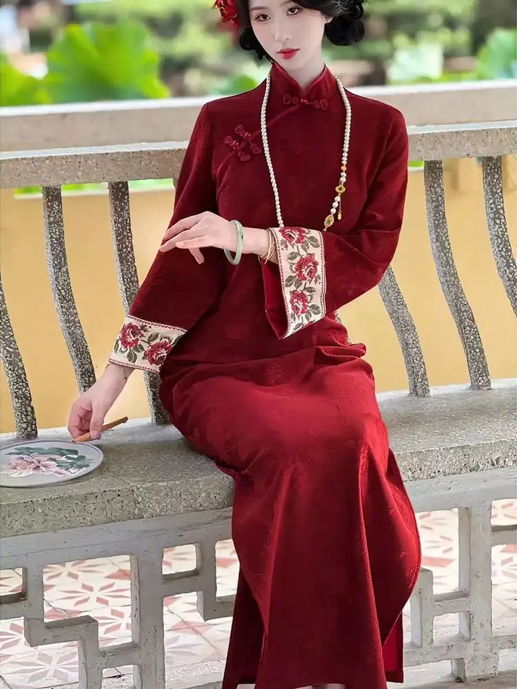 retro-red-wall-embroidered-dr-long-sve-engagement-suit-vintage-sle-midi-skirt-polyester-fiber