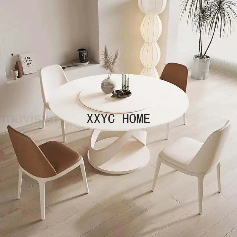 Round Cream Style Table For Kitchen Overall White Household Rock Slab Desktop Dining Table With 360°Rotating Turntable Furniture