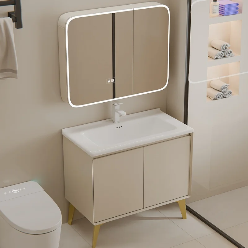 

Современный дизайн, кремовый алюминиевый шкаф для ванной комнаты с зеркалом с функцией антизапотевания, водонепроницаемым хранилищем и сенсорной керамической раковиной