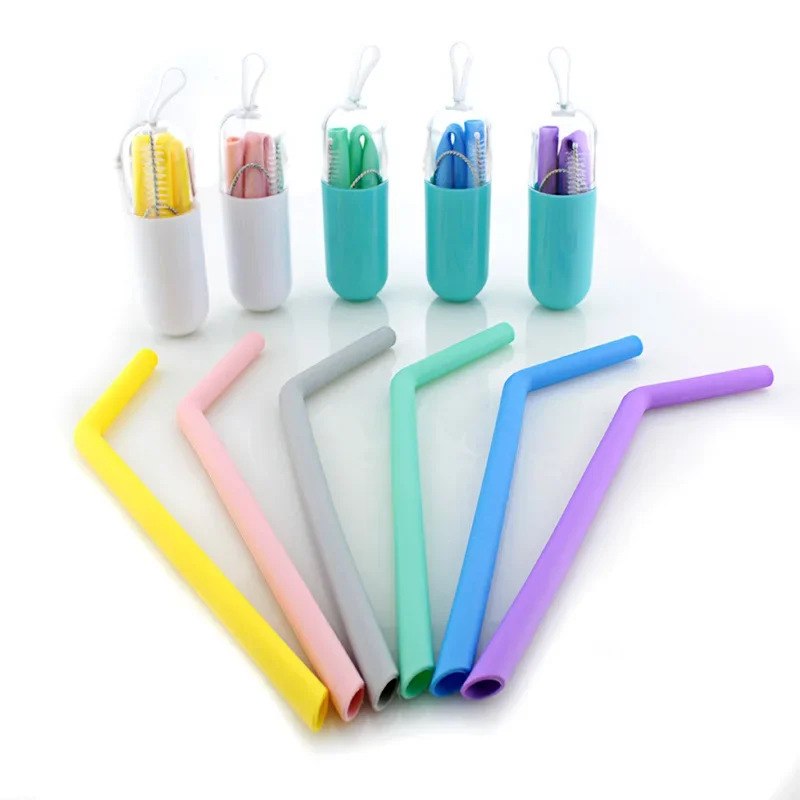 Reusable Silicone Drinking Straws Creative milk straws Sturdy Bent  Straw Cleaning Brush Bar Party Accessory Solid Color