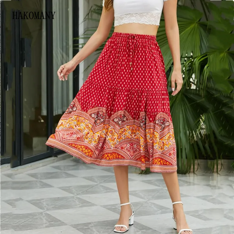 

Women Adjust Stream Waist Swing Skirts Holiday Beach BOHO Red Flower Print Long Skirt Contrast Spliced Ruched Ruffle Hem Hippie