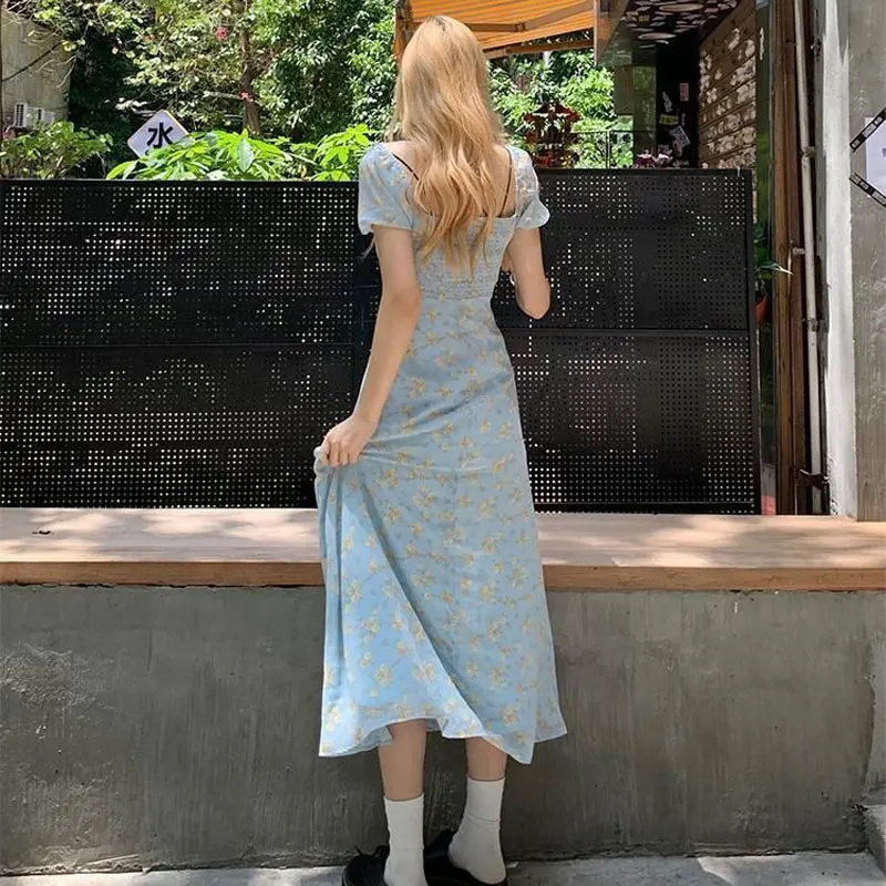 

French Style Puff Sleeve Broken Flowers Dresses Summer Sweet V-Neck Women's Clothing Backless A-Line Fashion Split Long Dress