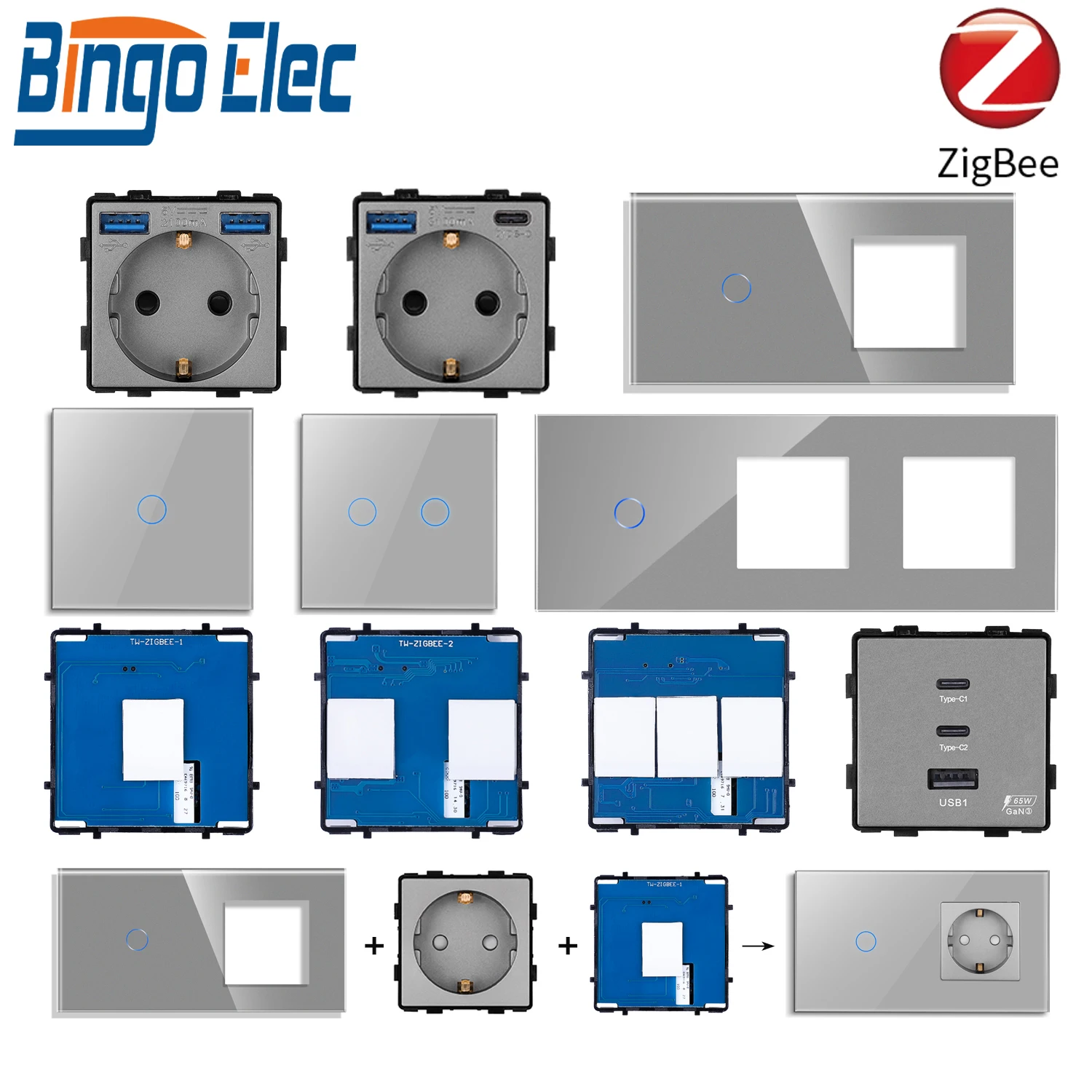 

BINGOELEC 1/2/3 Gang Smart Zigbee Switch EU Wall Socket Smart Plug Module Touch Glass Panel Home Automation DIY Customizable