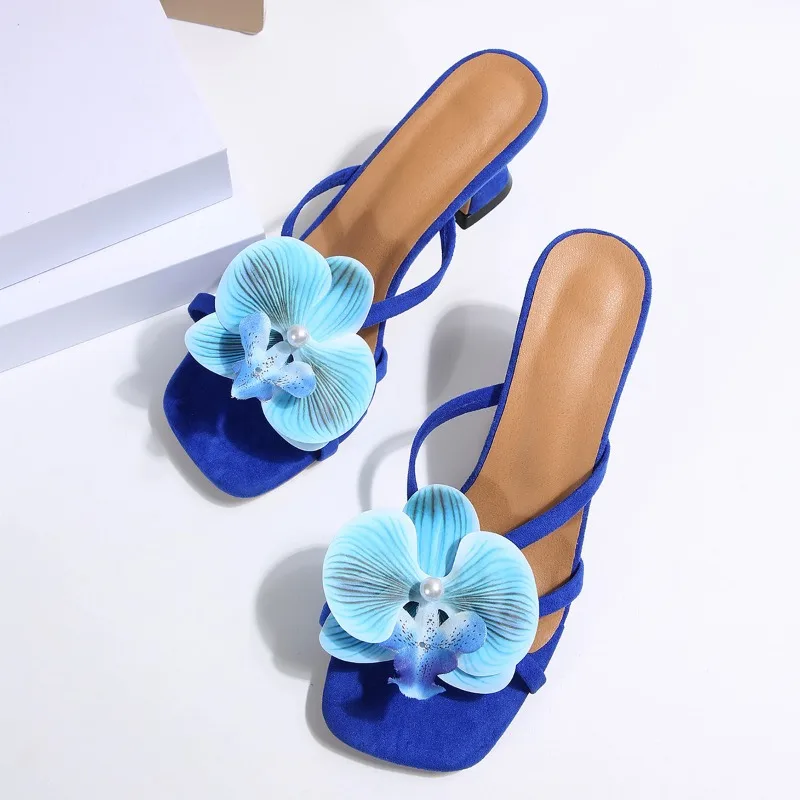 

Flower Women High Heels Slippers Designer Fashion Heeled Shoes 2025 New Square Toe Flip Flops Summer Chunky Pumps Elegant Slides