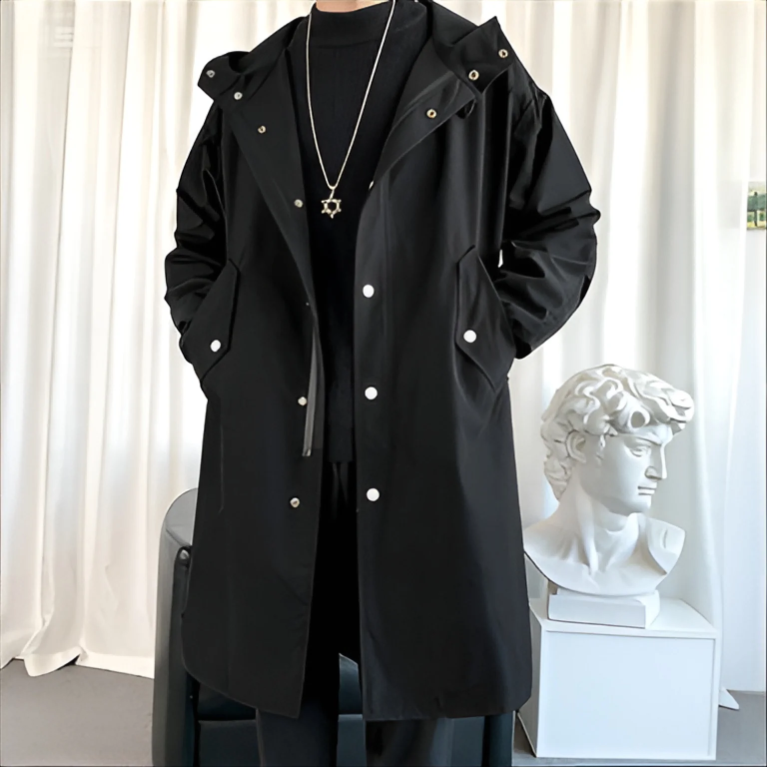

Trench Plaid Coat Mens Sunproof Knee-Length Fishing Coastal Fashion Blue Waterproof Summer Marine Sports Sun Protection Decorate