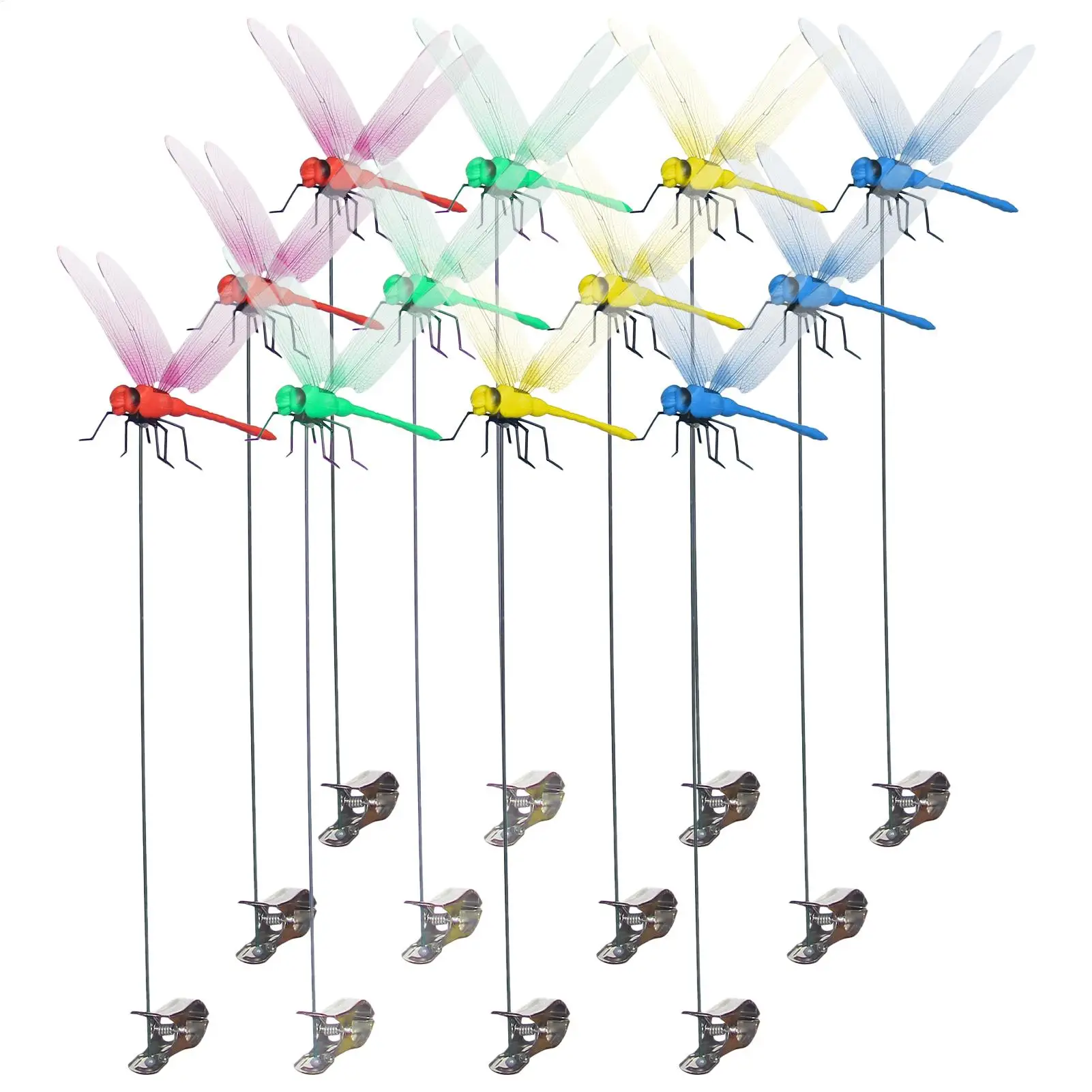 Clip On Dragonfly 12 Pieces Artificial Clamp Fly Ornament Dragonfly Decorative Clip for Garden Backyard Outdoor Patio Porch