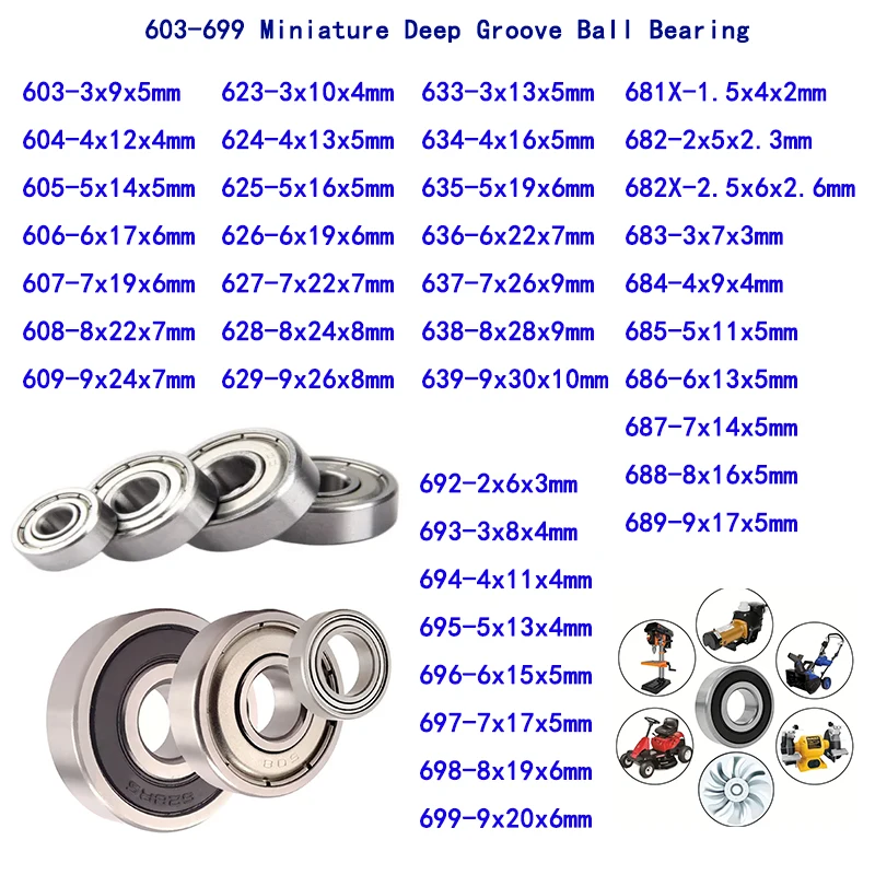 10Pcs/lot 603-699 Miniature Deep Groove Ball Bearing 604 605 606 608 624 626 627 628 686 687 688 692 693 694 696 ZZ 2RS Bearings
