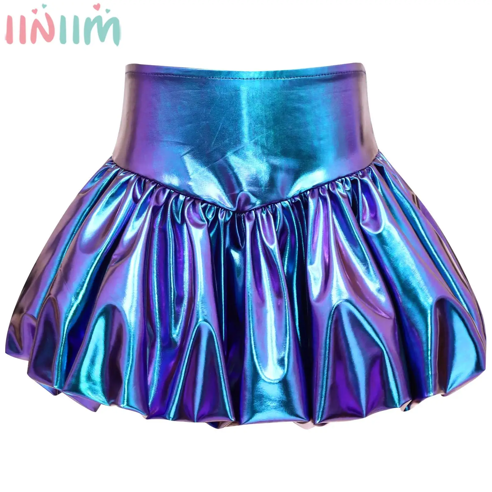 Children Girls Metallic Shiny Hip Hop Jazz Dance Bubble Skirt Elastic Waistband Bud Skirts Cheerleading Performance Clothing