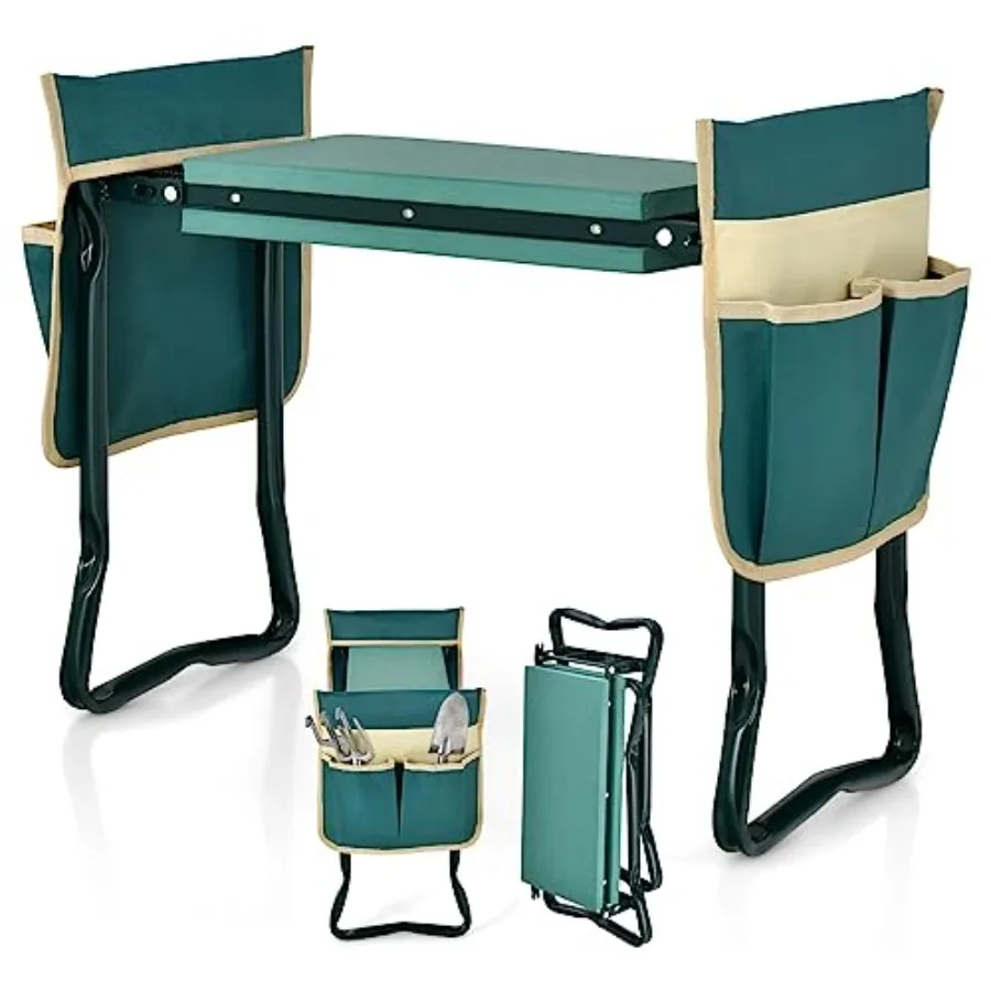 

Портативная складная скамейка-сиденье для сада с подушкой из ЭВА-пены и 2 карманами для инструментов, зеленая