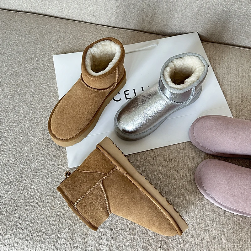 Brown Cow Suede Wool Women's Snow Boots - Trendy Platform Ankle Boot