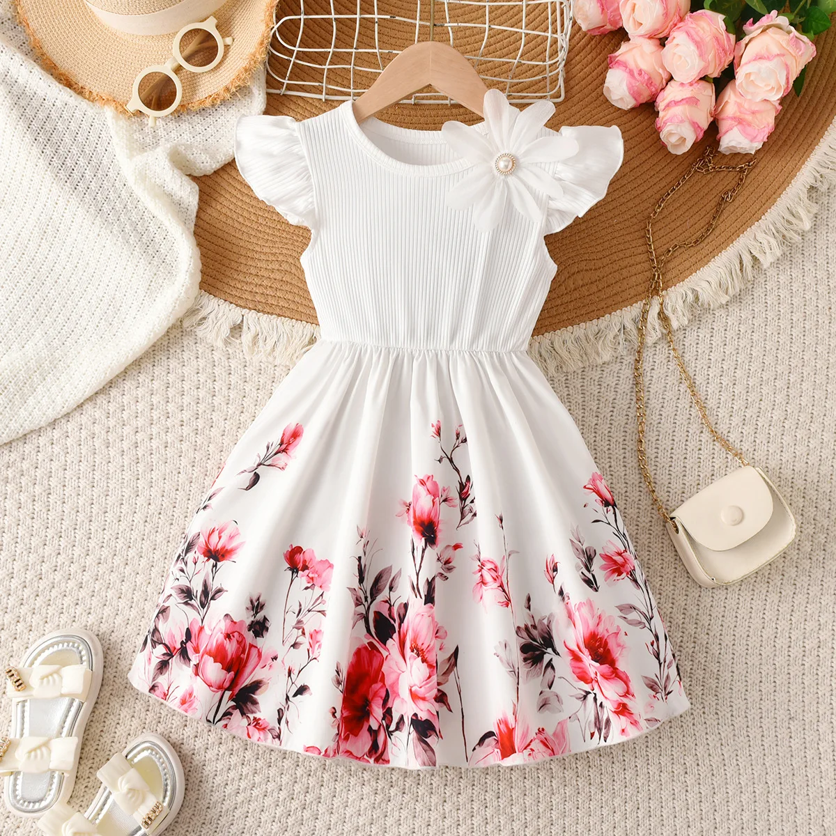 Summer Girl Dress Flutter Sleeve Floral Print 3D Flower Princess Party  Sundress Kids Casual Outfit Children Wear 3-10Y