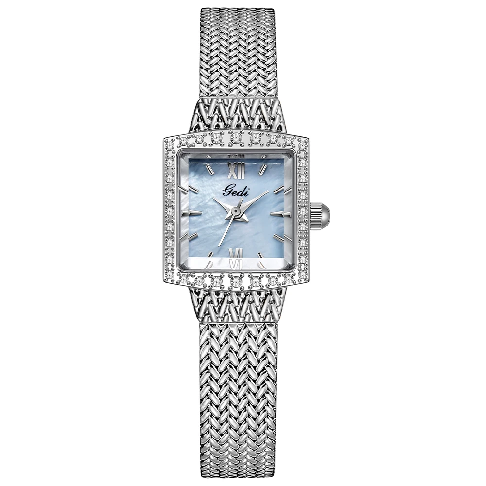 GEDI Elegant Women Square Watches Luxury Waterproof Fritillary Dial Diamond Ladies Wristwatch Braided Stainless Steel Strap