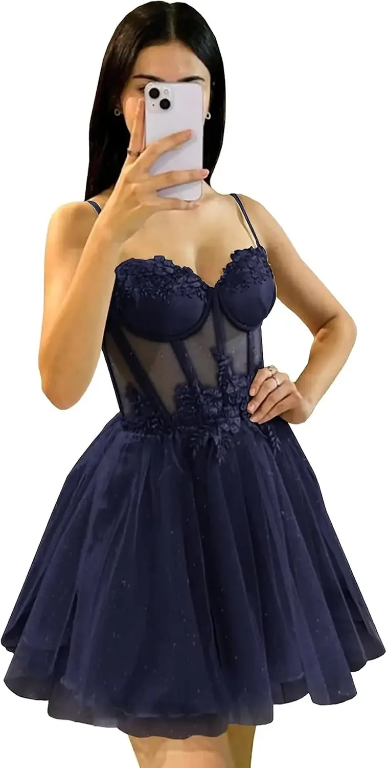 ชุดมินิ Glitter Tulle Homecoming Dress 3D ดอกไม้สปาเก็ตตี้ชุดเดรสสั้นสําหรับวัยรุ่นค็อกเทล