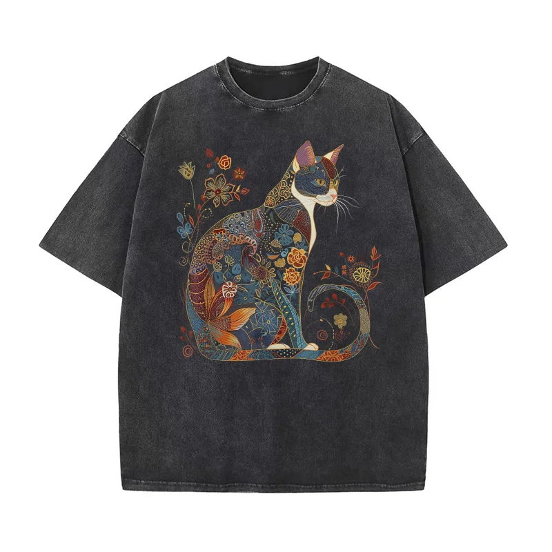 

Cat Colorful Floral Patterns Vintage Flowers Art Cat Lover T-shirt Men's Tee Shirt Short Sleeve Male Clothes Fashion