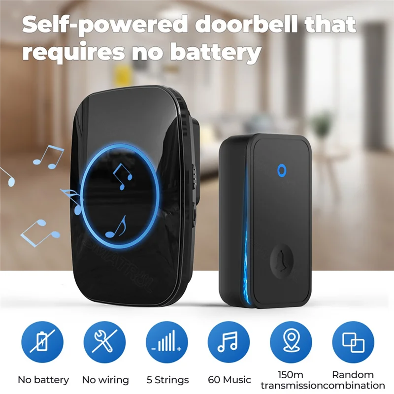 SQPP-Self Powered Wireless Doorbell No Battery Waterproof Door Bell For Kids Elderly Caller 2 Button 1 Receiver