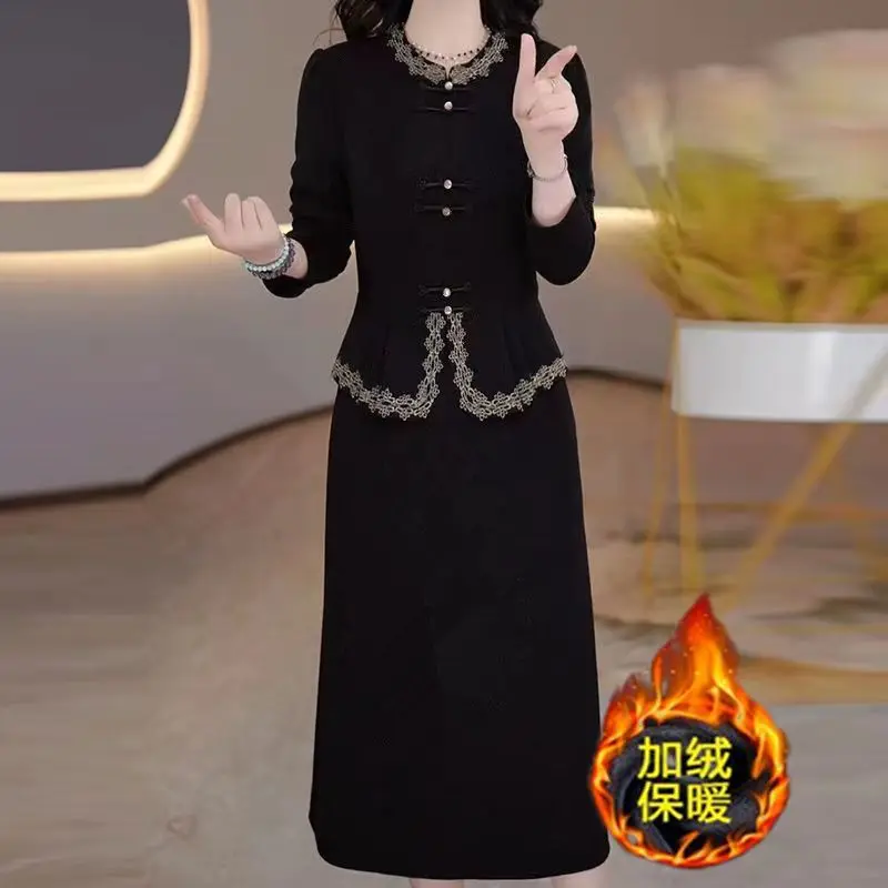 ベルベット厚手秋冬新作新中式スリム国民風バックル付きママ向けコントラストカラーワンピース