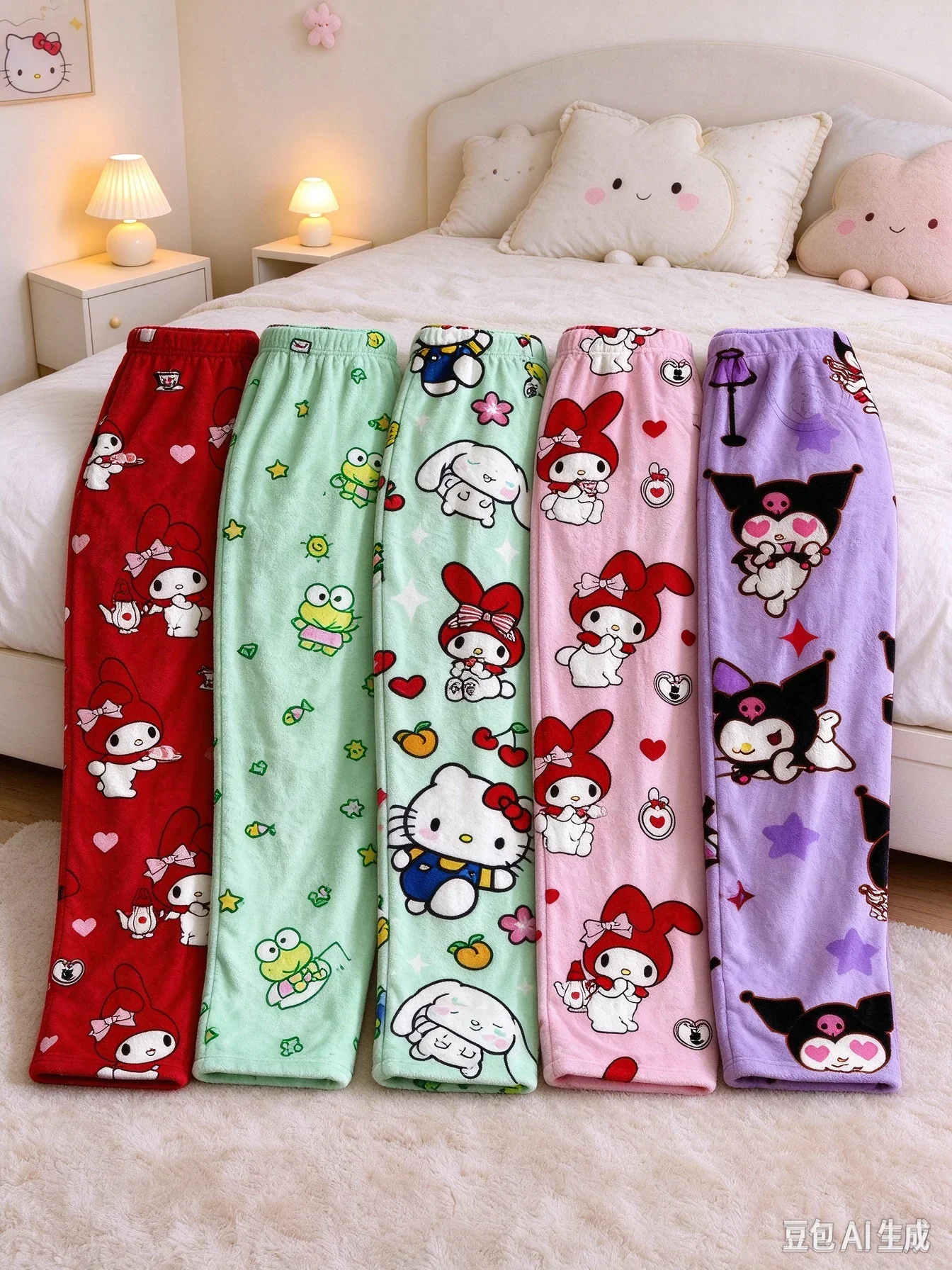 26/27  Sanrio Series Cartoon Character Print Flannel Pajama Pants Loose Soft Winter Unisex Loungewear Pants FamilyMatching