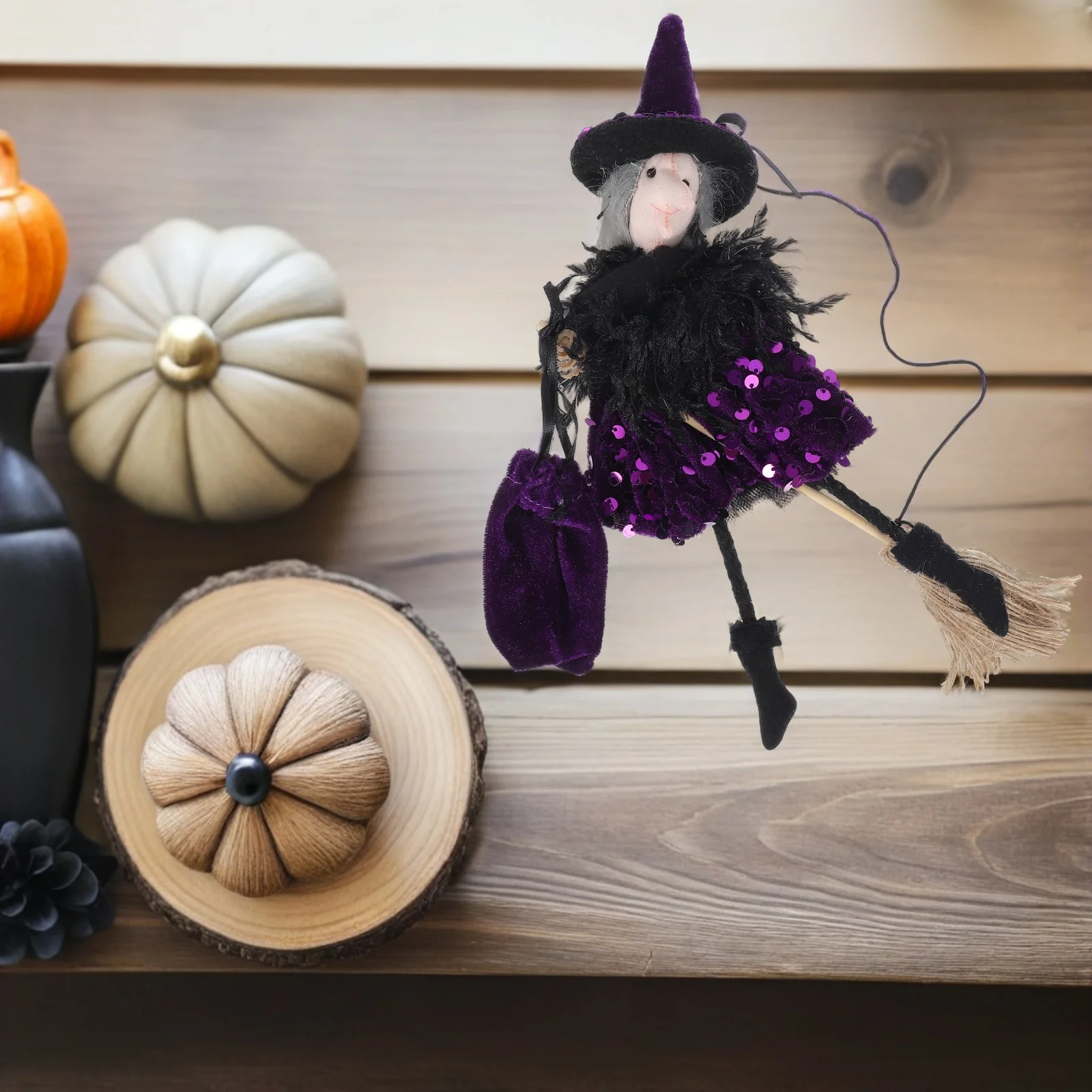 

Halloween Hanging Witch Decoration Scary Witch on Broomstick Candy Bag Haunted House Outdoor Garden Party Prop