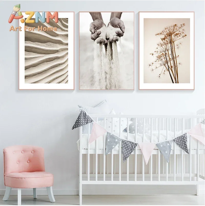 AZNM Neutral Beige Sand Dune Canvas Wall Art, Dried Grass Hands Sand Print, Minimalist Boho Nursery Poster, Unframed Canvas Pain