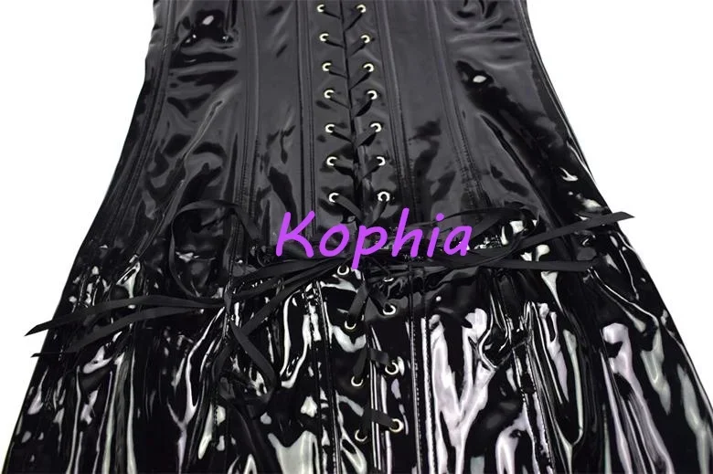 Black Sexy Shiny PVC Leather Long Waist Corset Women's Lace Up Hook Overbust Waist Slimming Bustier Corsets Corselet Plus Size