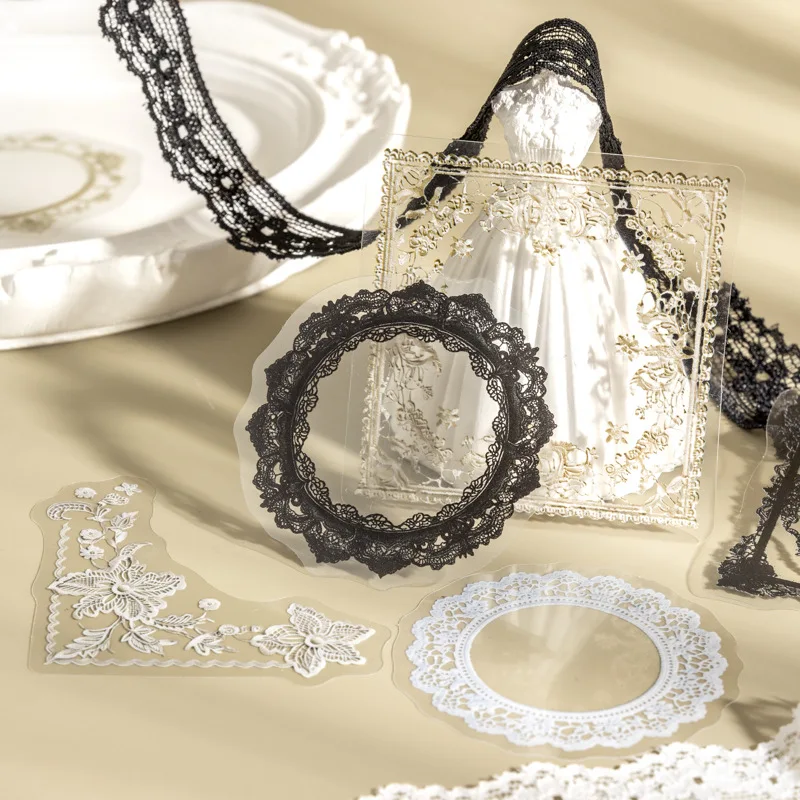 20 - قطعة من الملصقات باللون الأسود - و - الدانتيل الأبيض - لتزيين سجل القصاصات اليدوية