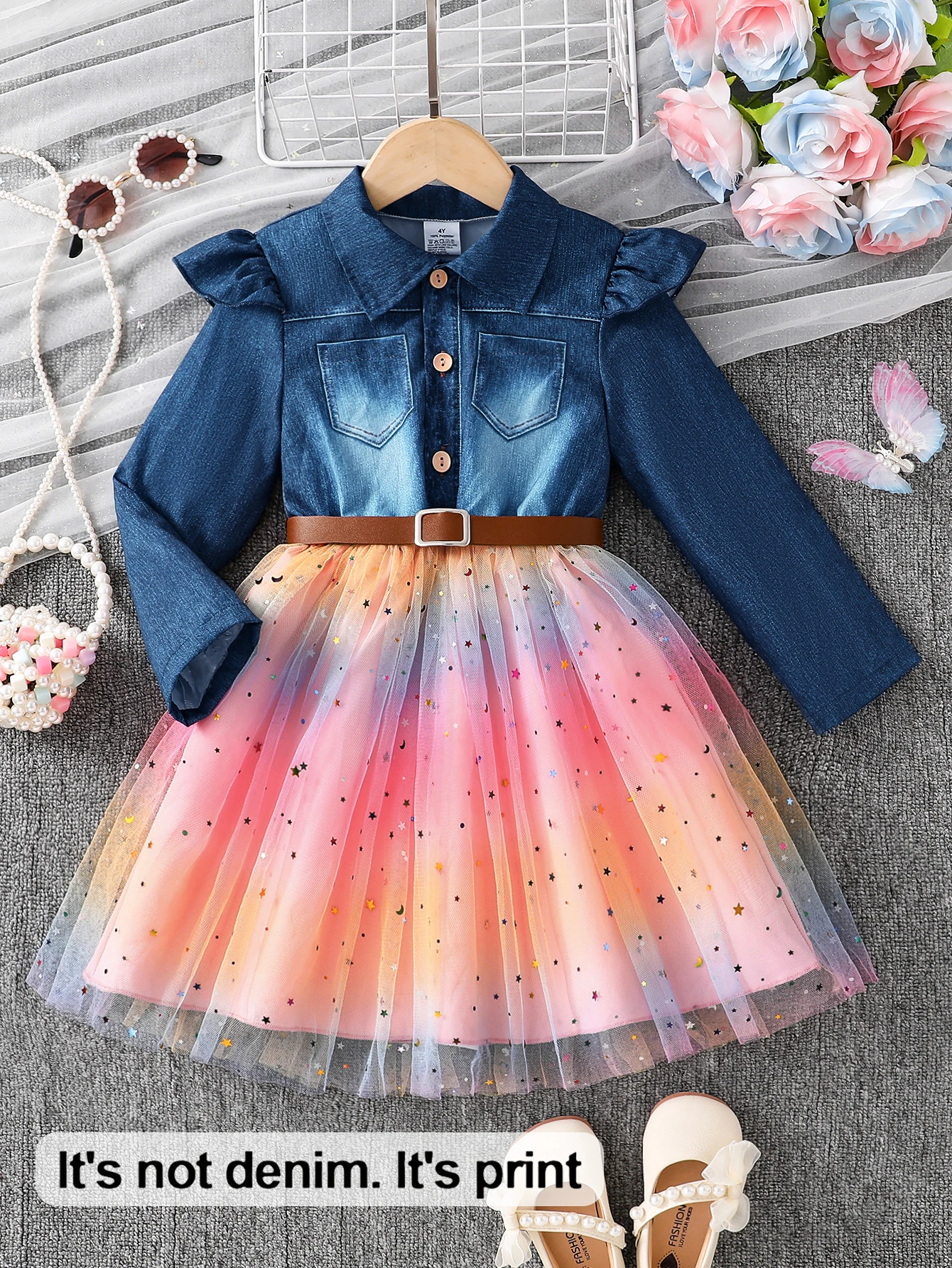 Girls Long Sleeve Tulle Dress for 4-8Y, Fake Denim Print Ruffle Top Gradient Star Sequin Skirt With Belt Kids Party Dress