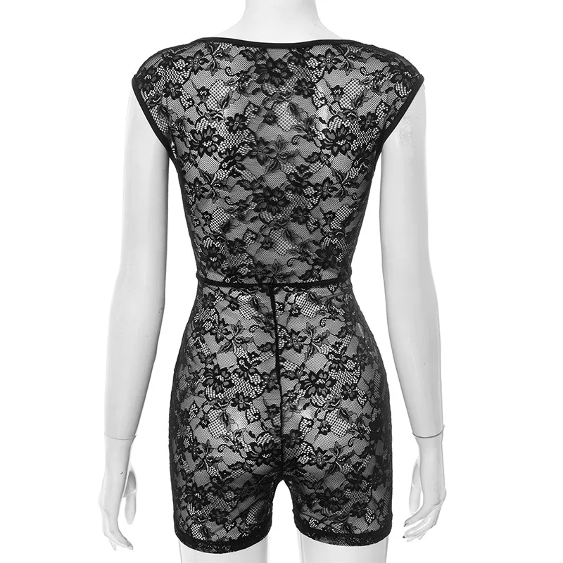 BKLD ชุดฤดูร้อน 2025 ใหม่เซ็กซี่ Y2k เสื้อผ้าผู้หญิงโปร่งใสลูกไม้แขนกุดสแควร์กางเกงขาสั้น Jumpsuit Rompers