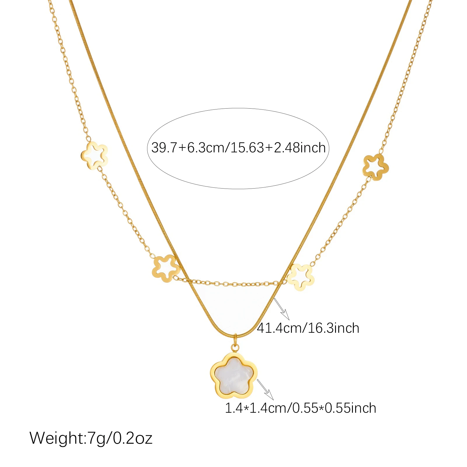 Stainless Steel White Shell Five Leaf Flower Hollow Flower Double layer Necklace Lady Classic Non-fading Jewelry