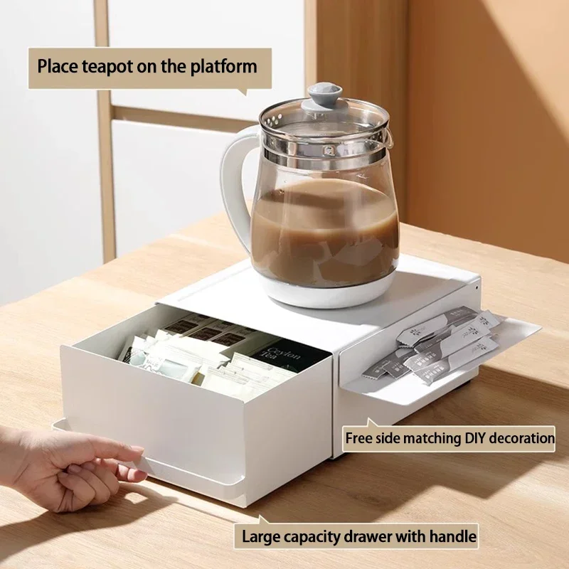 1pc-New Kitchen Countertop Metal Storage Box with Drawer, Divider Tray Organizer for Coffee Machine, Water Dispenser Stand