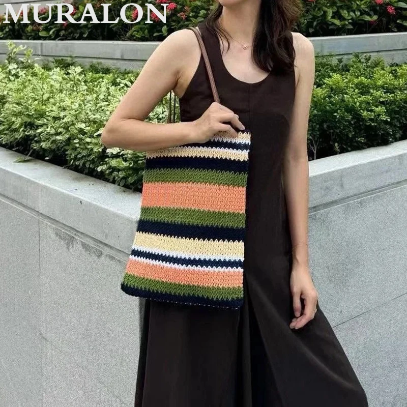 

Casual All-match Large Capacity Tote Striped Straw Bag Ladies Beach Vacation Mixed Color Patchwork Fashion Commuter Underarm Bag