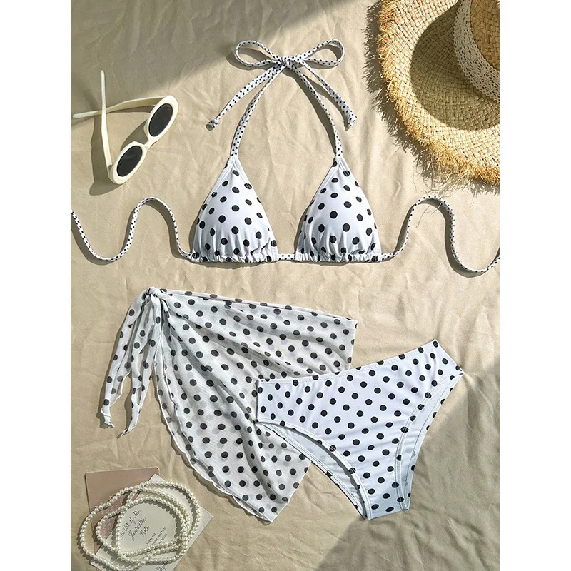 

New polka dot lace-up sexy bikini three-piece swimsuit for women, beach and hot spring swimwear