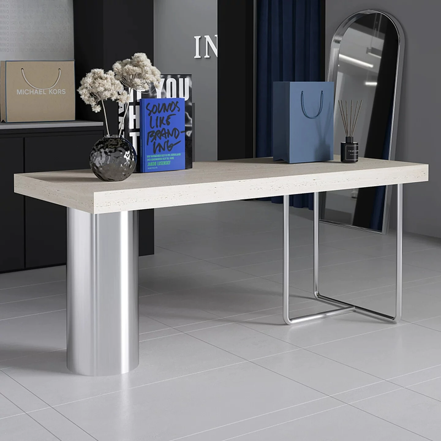 

Clothing store Stainless steel Nakajima Taiwan water table Roman cave stone display table Buyer store Product storage table Disp