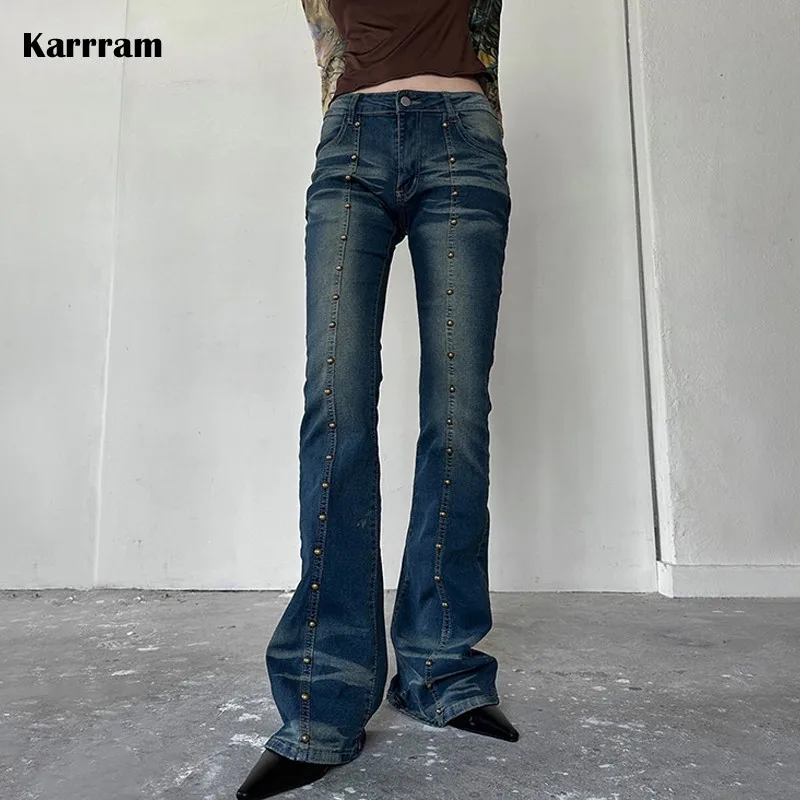 Karrram Grunge High Waist Flared Jeans Vintage Stud Line Boot Cut Jeans Women Rivet Bell Bottom Denim Pants Korean Fashion Y2k