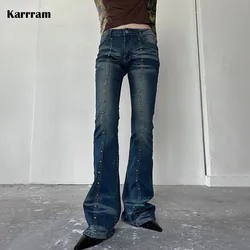 Karrram 그런지 하이웨이스트 플레어 청바지, 빈티지 스터드 라인 부츠 컷 청바지, 여성 리벳 벨 바텀 데님 바지, 한국 패션 Y2k