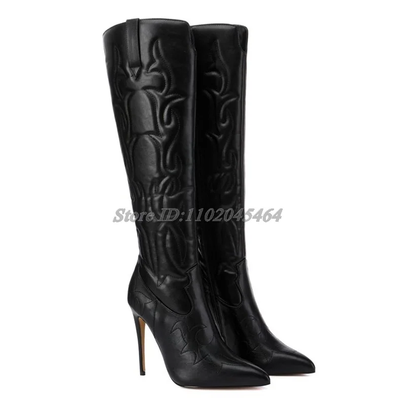 White/Black Embroidery Sexy Knee High Boots Women\'s Patent Leather Pointed Toe High Heels Zip Long Boot Luxury Designer Shoes