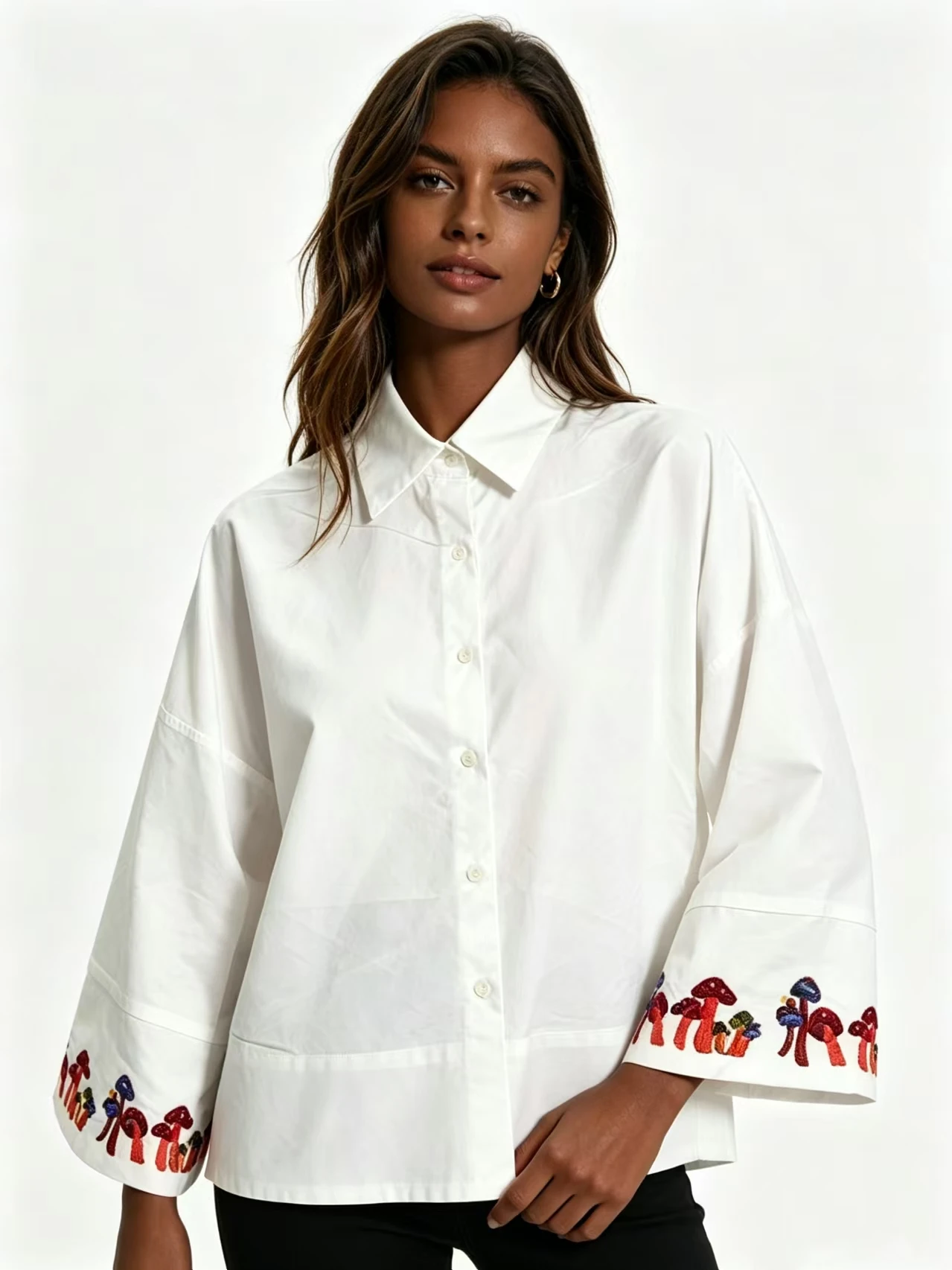 Fenggejiwo Women's Casual Loose Fit Shirt Lapel Collar Pure Cotton White Shirt Embroidered Pattern
