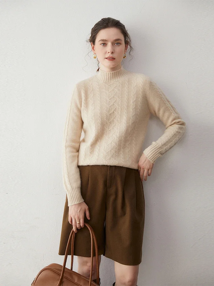 Basic Mock Neck Sweater 100% Cashmere Women's Pullover Sweater Soft Warm Autumn Winter Knit Inside Join Jacquard Ribbed Clothing