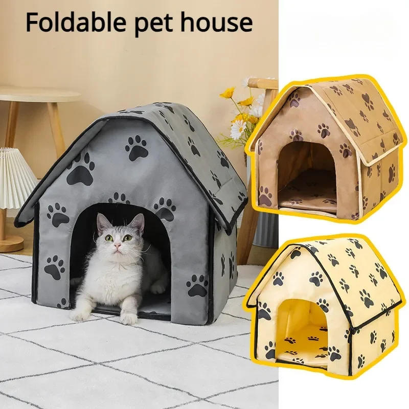 

Foldable Pet House Portable Cat Dog Villa Footprint Pattern Cats Dogs Nest Small Medium Indoor Pets Bed Tent Puppy Kennel Shed