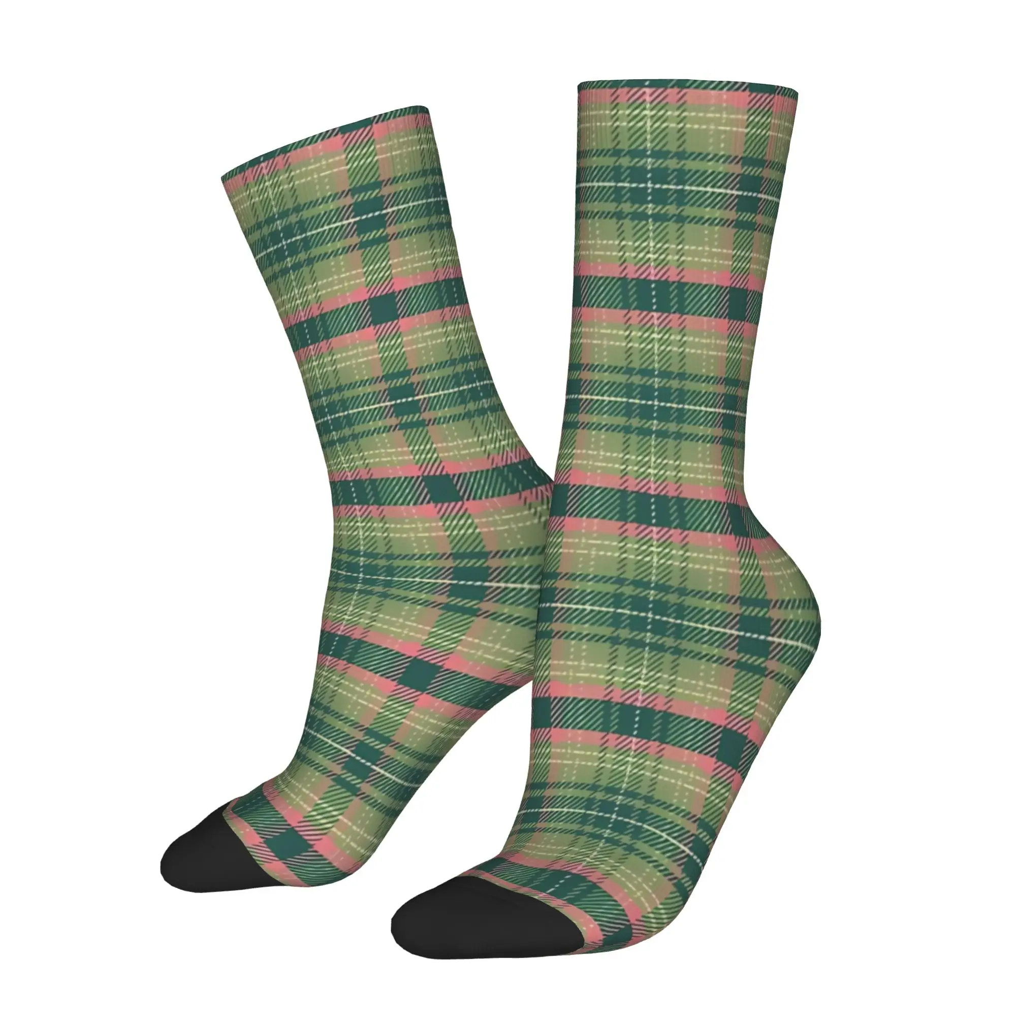 

1 Pair Funny Sock Scottish Tartan Green Pink Harajuku Quality Pattern Printed Men Crew Socks Casual Men's Socks