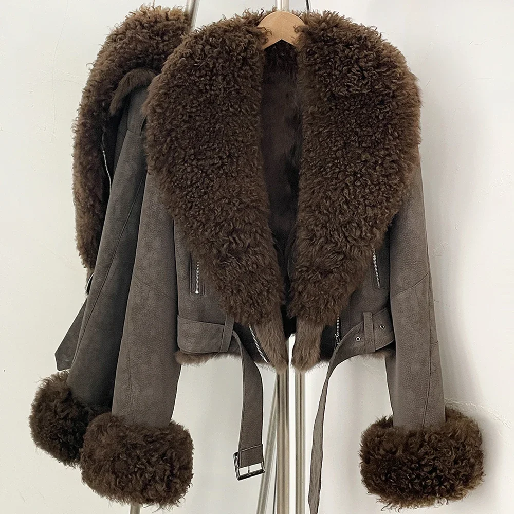 OFTBUY Winter-Pelzkleidung für Damen, Kurze Bikerjacke aus Wildleder, Echtes Kaninchenfell-Futter, Lockiges Lammfell, Gürtel, Vintage-Mantel – Detail 8
