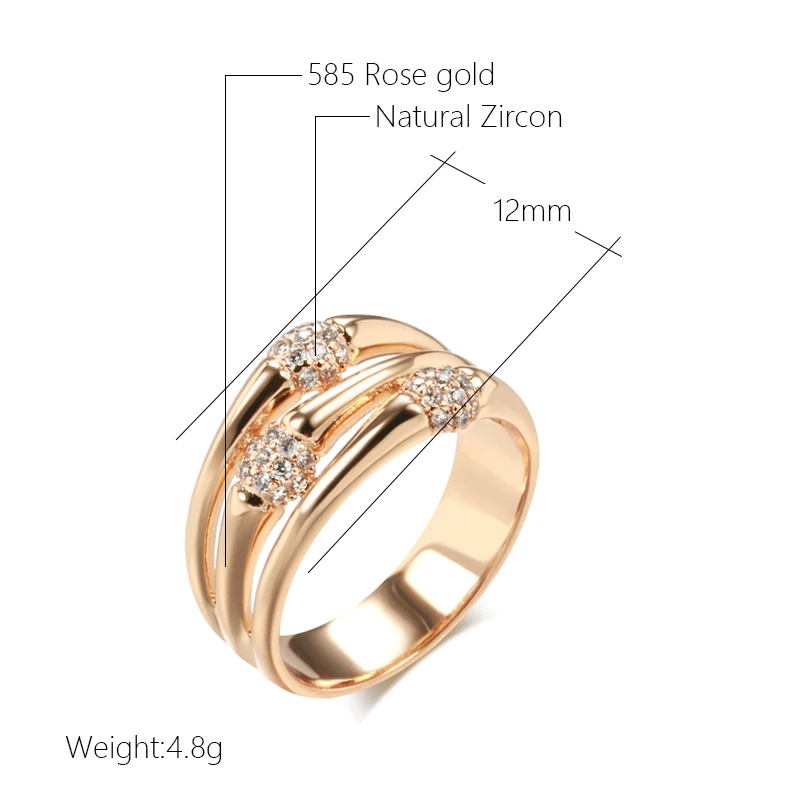 Kinel New 585 Rose Gold Color Wide Big Rings for Women Unique Fashion Natural Zircon Ring Modern Wedding Party Daily Jewelry